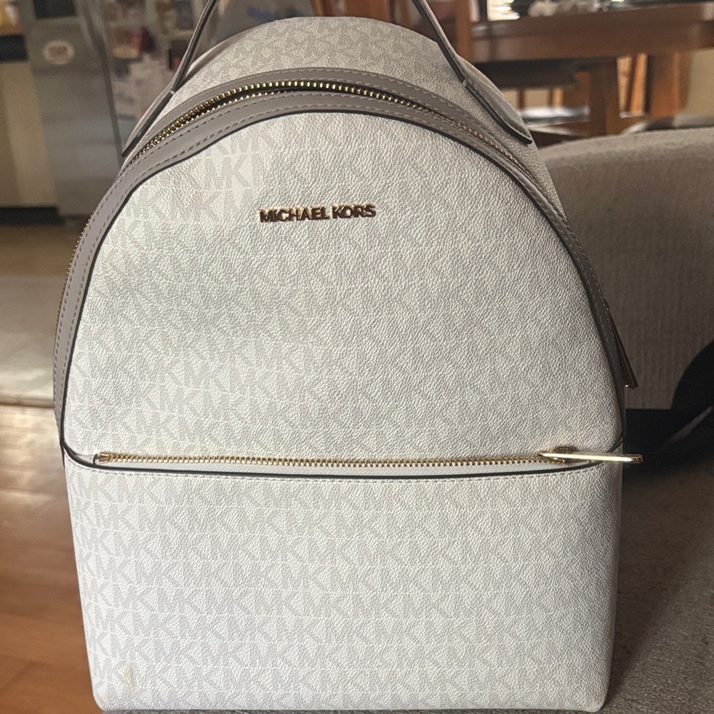Michael Kors White and Light Gray Signature Logo Backpack